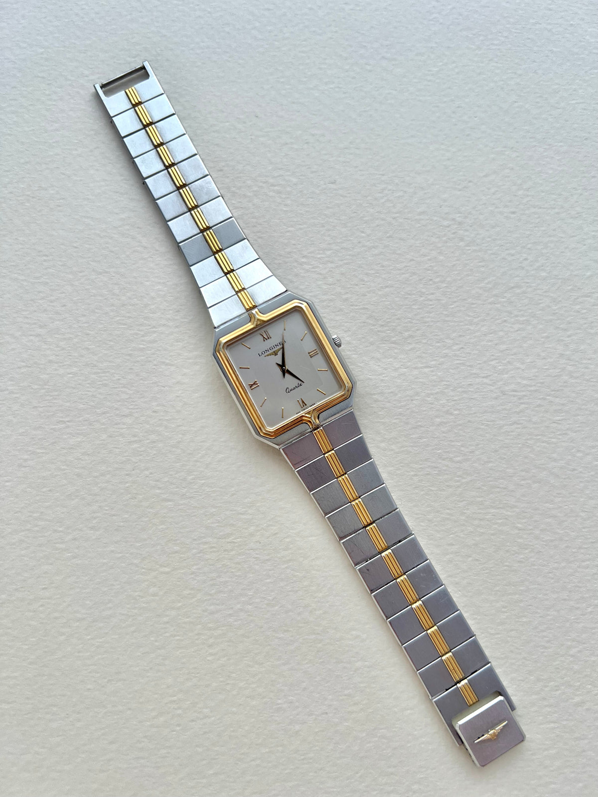 Longines Flagship two-tone rectangular watch, caseback.
