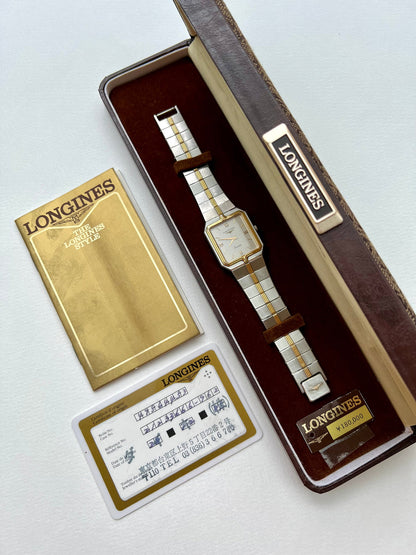 Longines Flagship two-tone rectangular watch, dial close-up.