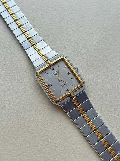 Longines Flagship two-tone rectangular watch, angle.
