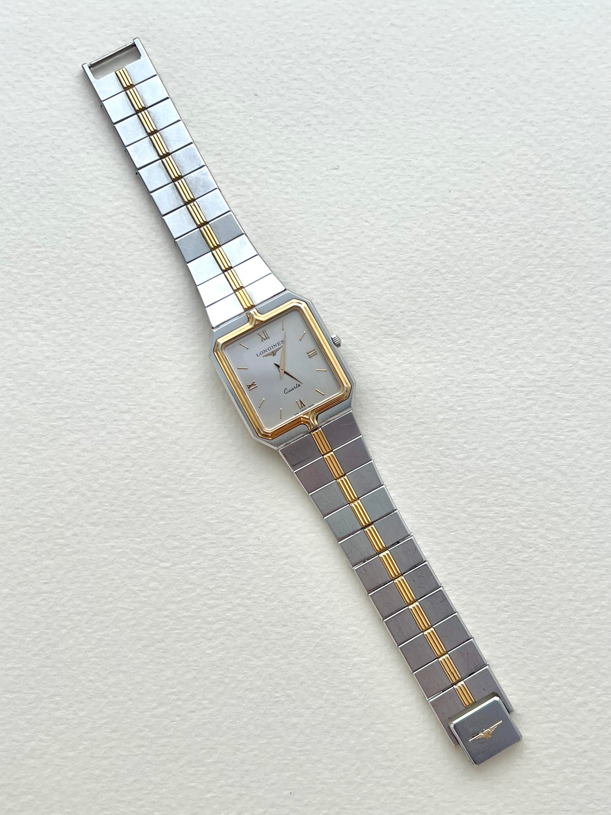 Longines Flagship two-tone rectangular watch, caseback.