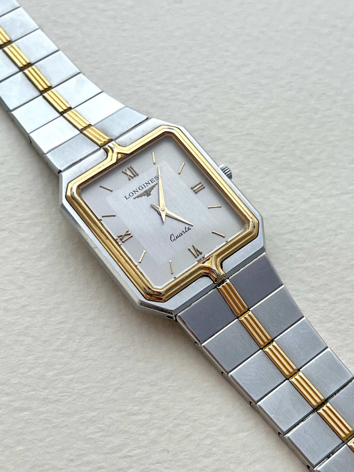 Longines Flagship two-tone rectangular watch, box set.