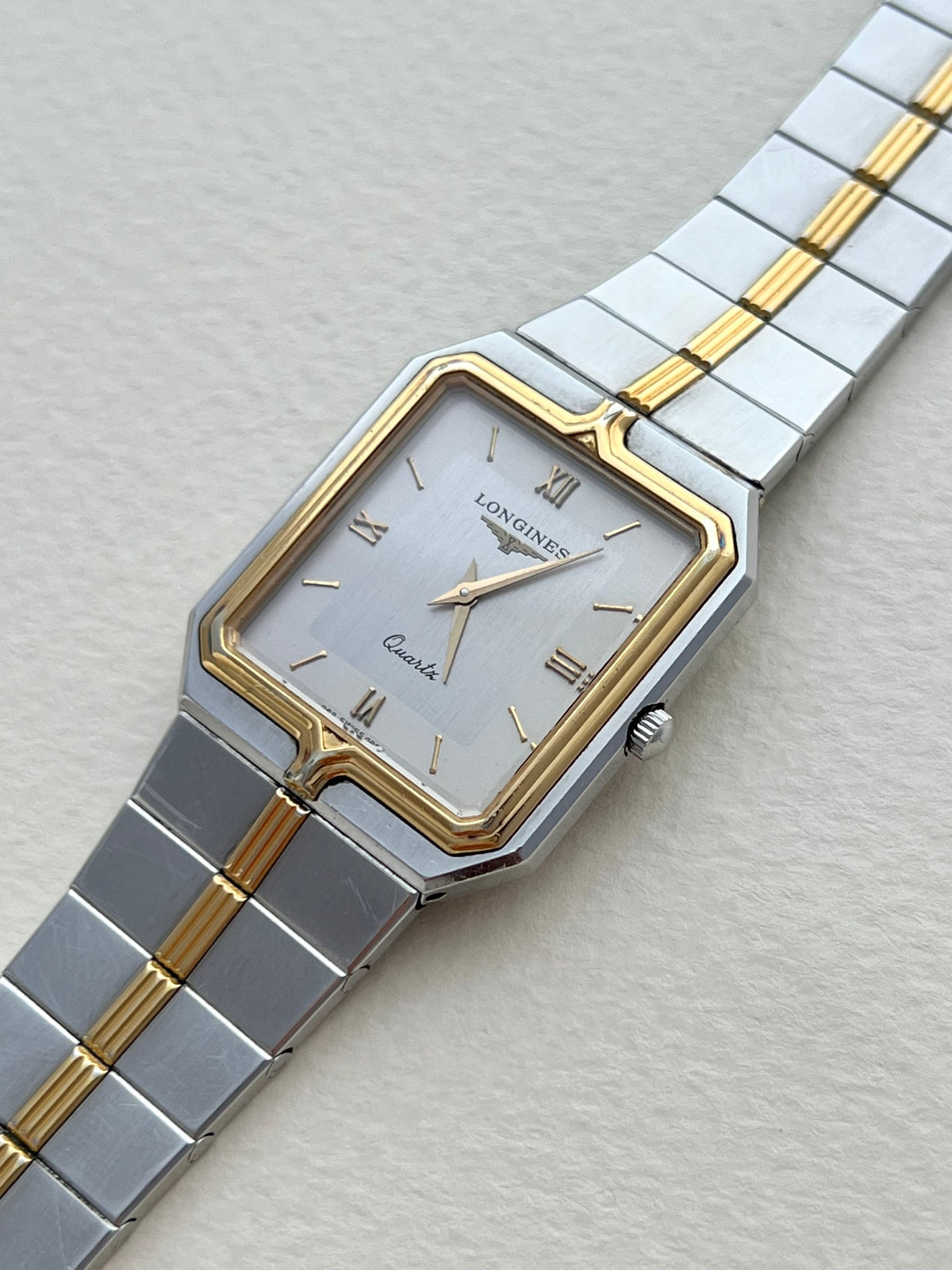 Longines Flagship two-tone rectangular watch, front.