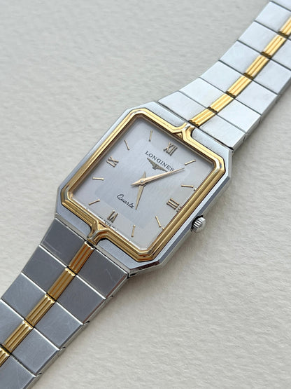 Longines Flagship two-tone rectangular watch, front.