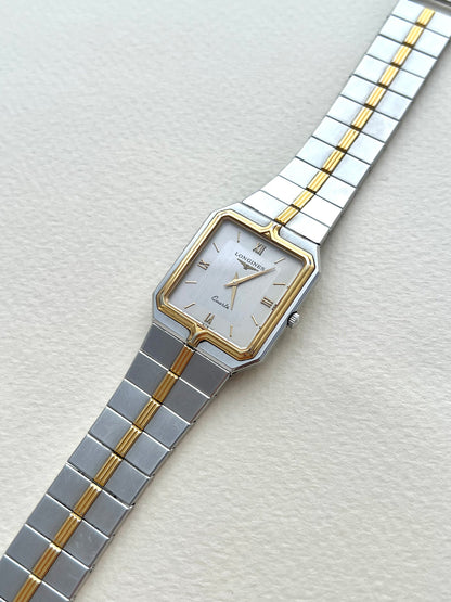 Longines Flagship two-tone rectangular watch, dial close-up.