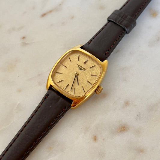 Longines Gold Toned Tonneau Woman's Watch with Parchment Dial, box set of a vintage women's watch at Gilded Hour.