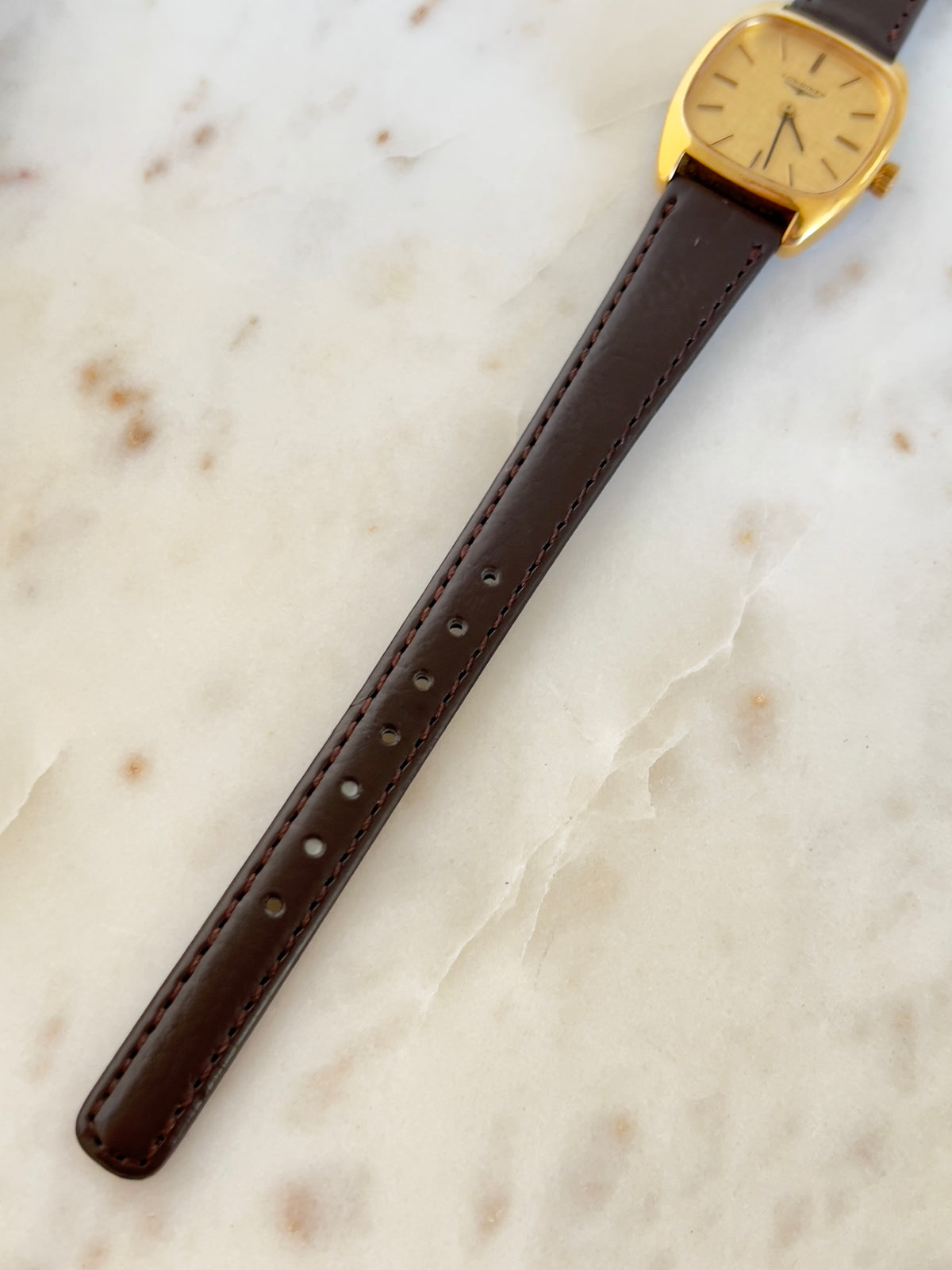 Longines Linen Dial Gold Tonneau Hand Wound Women’s Watch — product photograph 3, Gilded Hour NZ.