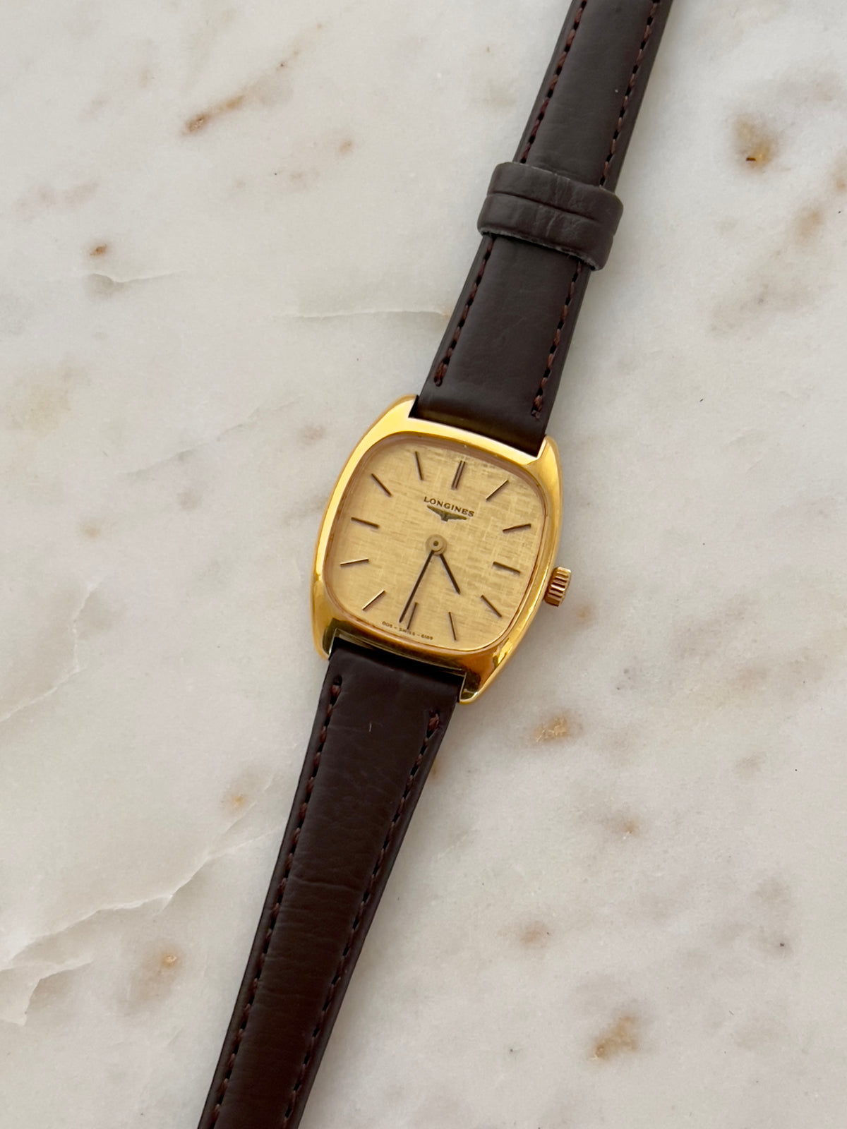 Longines Linen Dial Gold Tonneau Hand Wound Women’s Watch — product photograph 4, Gilded Hour NZ.