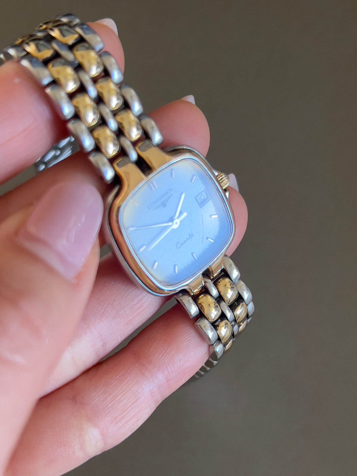 Longines Champagne Dial Two Tone Cushion Date Women’s Watch — product photograph 3, Gilded Hour NZ.