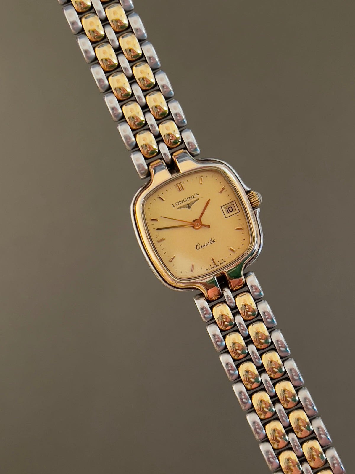 Longines Champagne Dial Two Tone Cushion Date Women’s Watch — product photograph 5, Gilded Hour NZ.