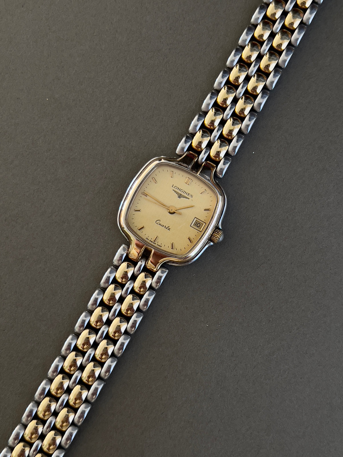 Longines Champagne Dial Two Tone Cushion Date Women’s Watch — product photograph 7, Gilded Hour NZ.