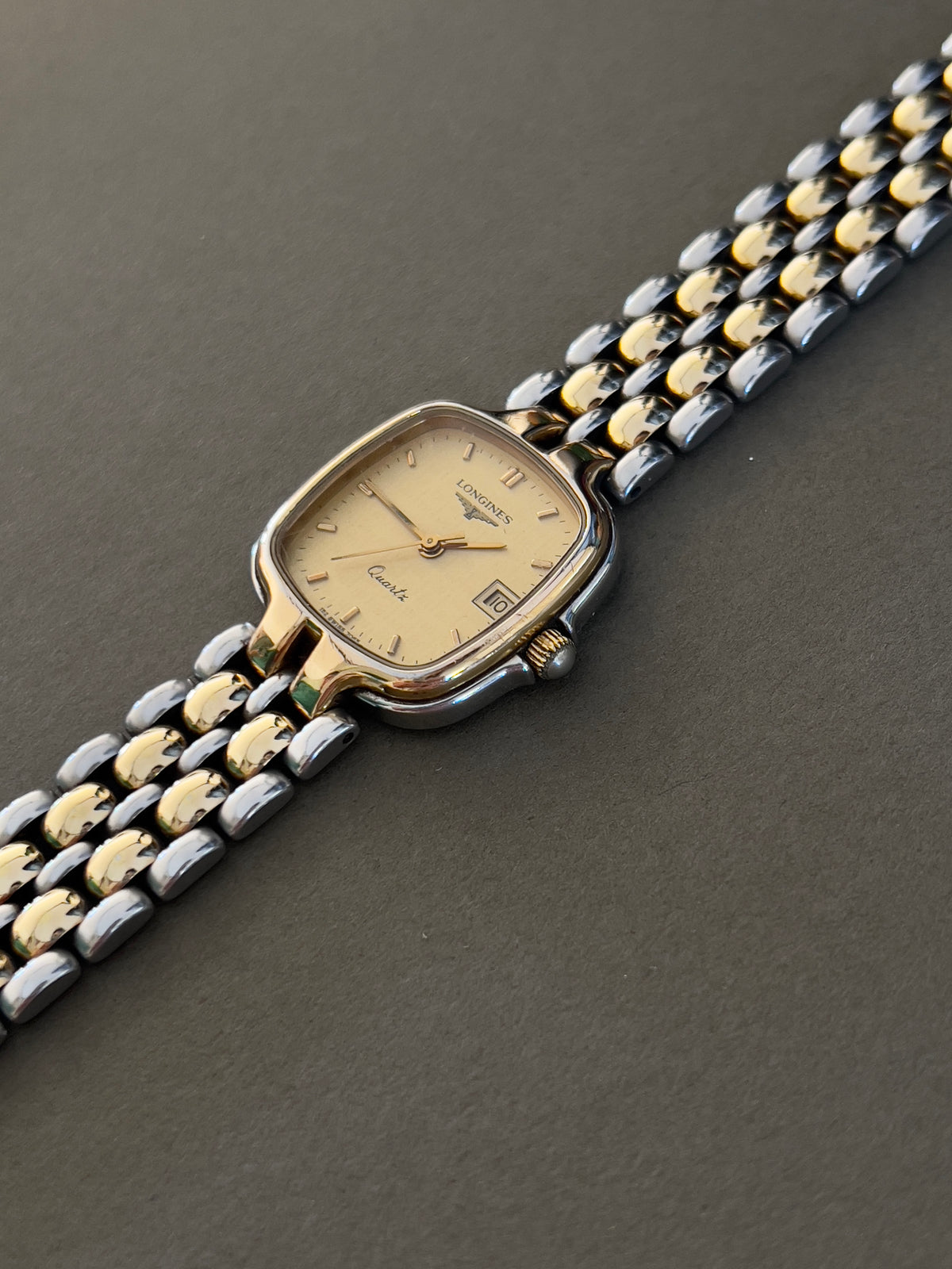 Longines Champagne Dial Two Tone Cushion Date Women’s Watch — product photograph 8, Gilded Hour NZ.