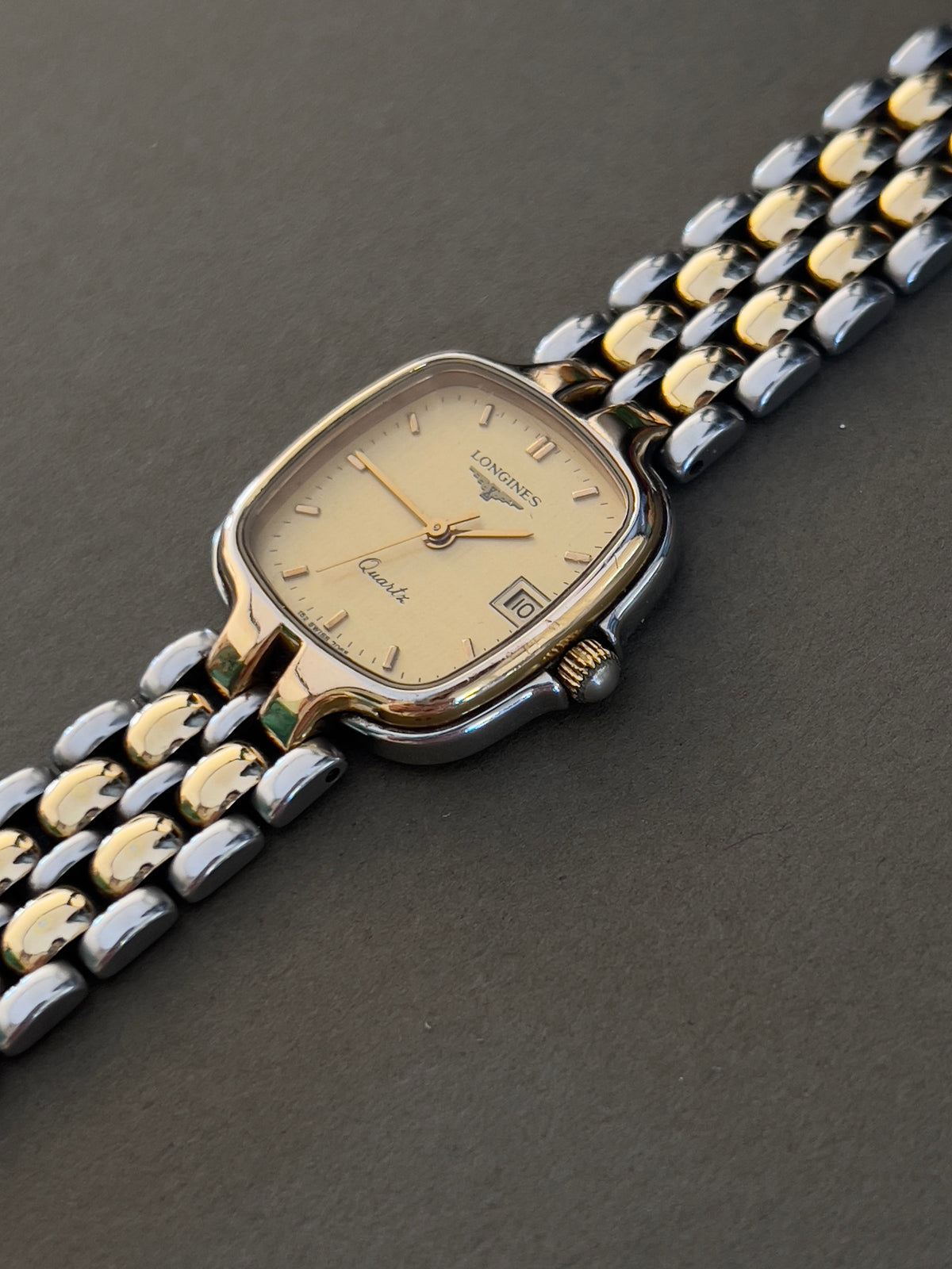 Longines Champagne Dial Two Tone Cushion Date Women’s Watch — product photograph 9, Gilded Hour NZ.