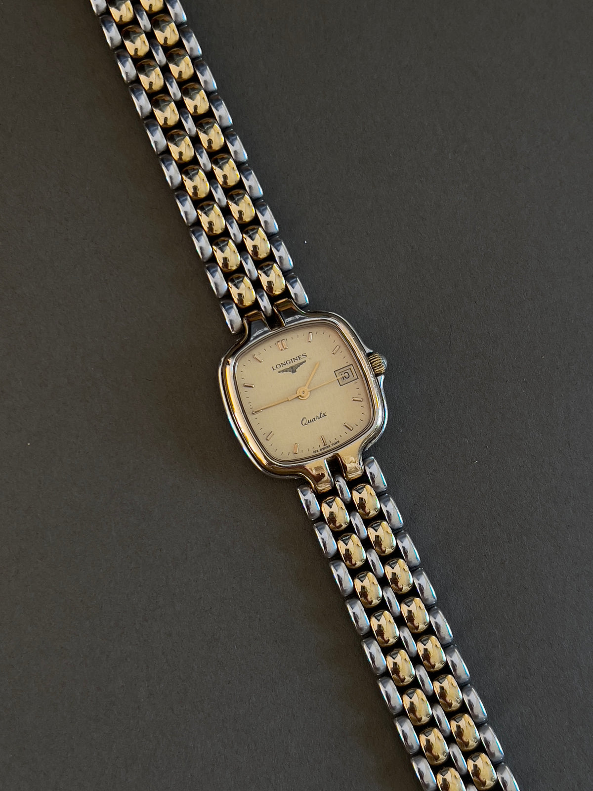 Longines Champagne Dial Two Tone Cushion Date Women’s Watch — product photograph 10, Gilded Hour NZ.