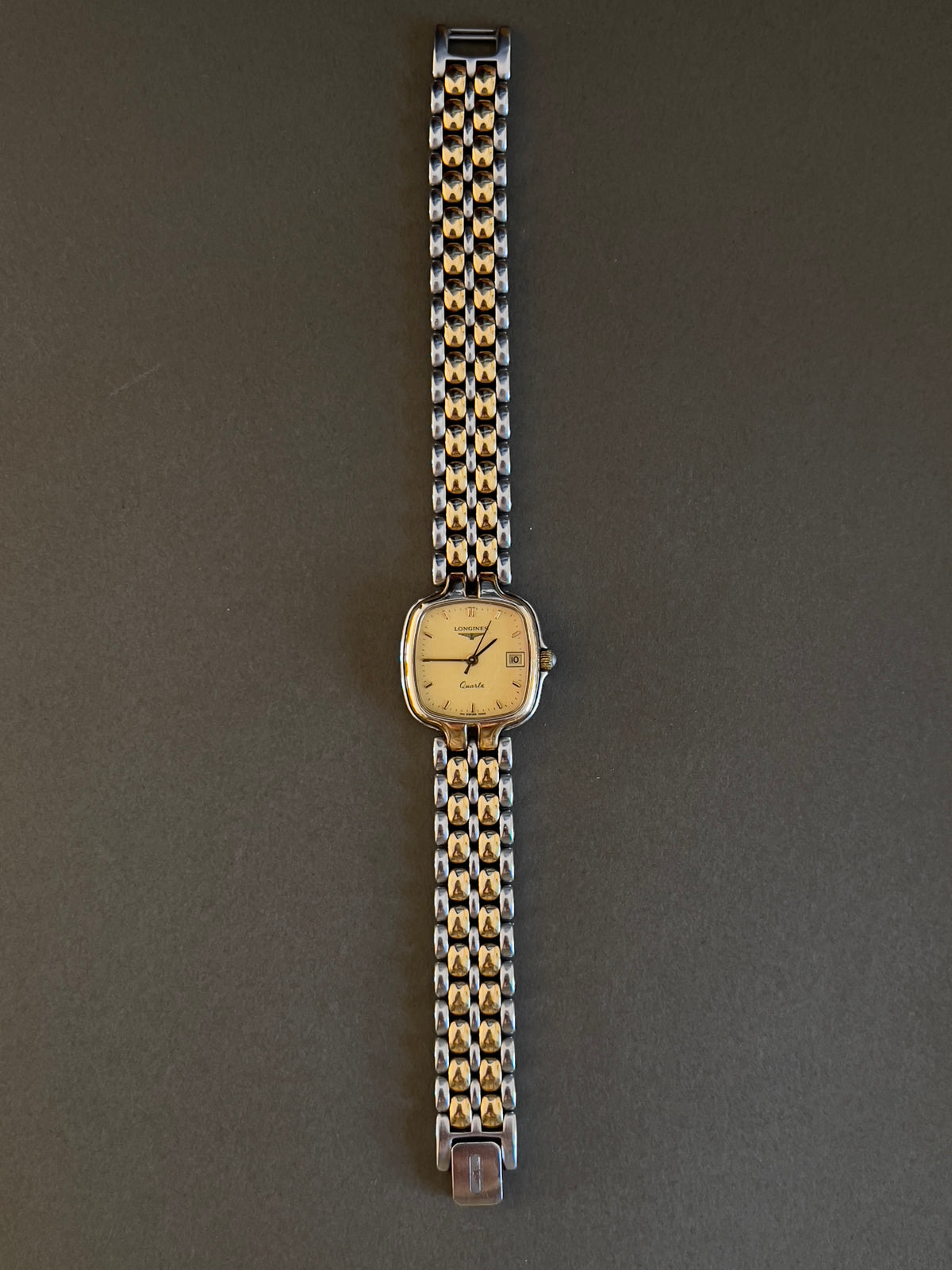 Longines Champagne Dial Two Tone Cushion Date Women’s Watch — product photograph 11, Gilded Hour NZ.