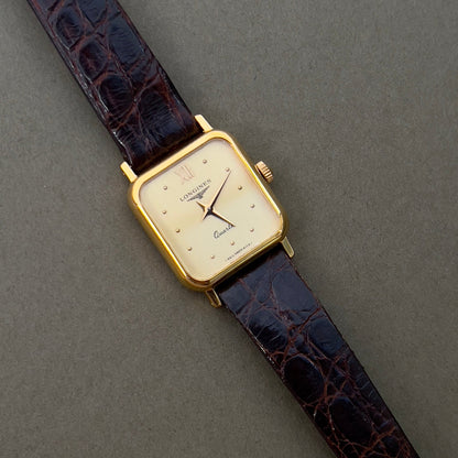 Longines Gold Toned Soft Rectangular Women's Watch, dial close up of a vintage women's watch at Gilded Hour.