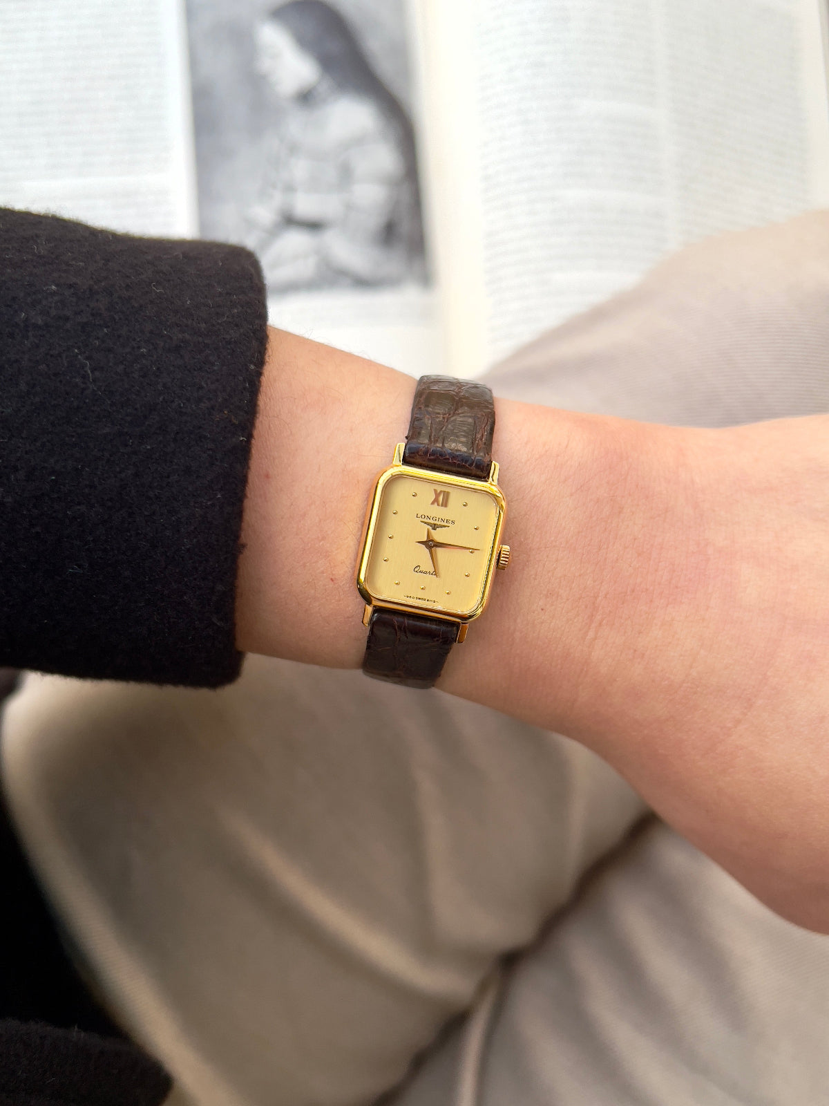 Longines Gold Toned Soft Rectangular Women's Watch, front view of a vintage women's watch at Gilded Hour.