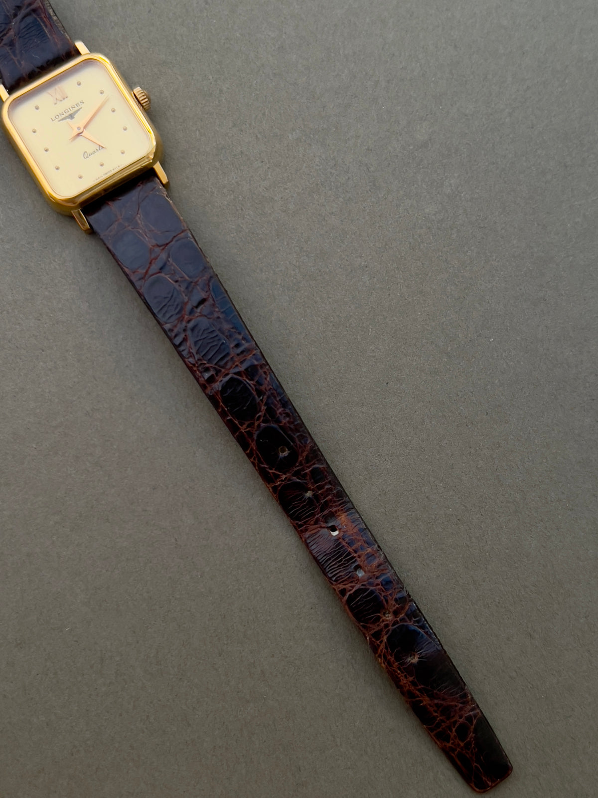 Longines Gold Toned Soft Rectangular Women's Watch, box set of a vintage women's watch at Gilded Hour.