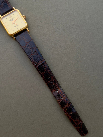 Longines Gold Toned Soft Rectangular Women's Watch, box set of a vintage women's watch at Gilded Hour.