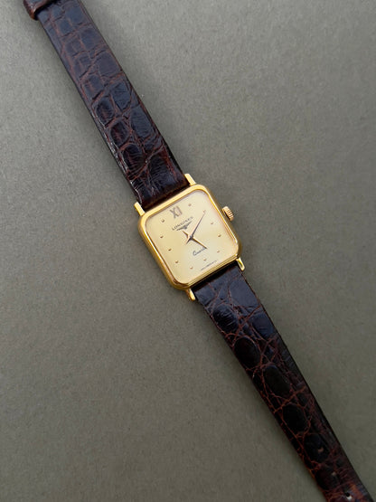 Longines Gold Toned Soft Rectangular Women's Watch, angled view of a vintage women's watch at Gilded Hour.