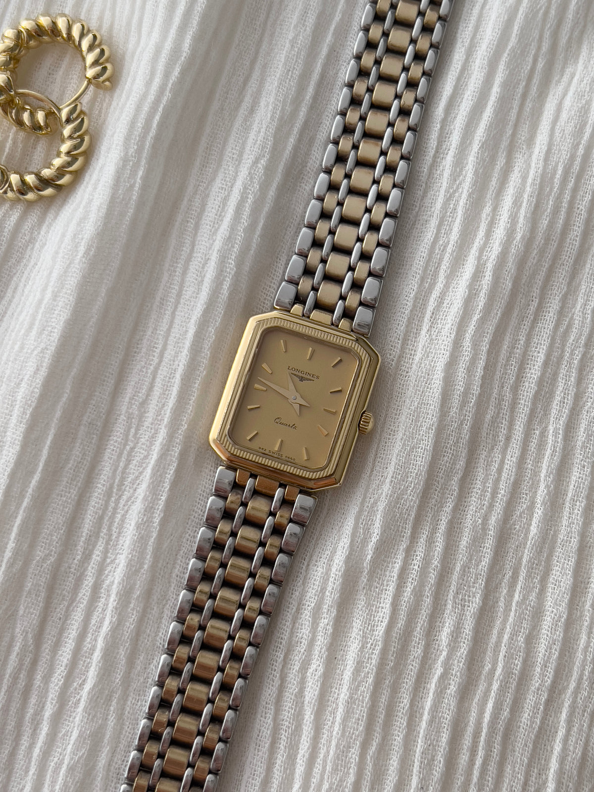 Longines Champagne Tank Two Tone Bracelet Women's Watch — product photograph 4, Gilded Hour NZ.