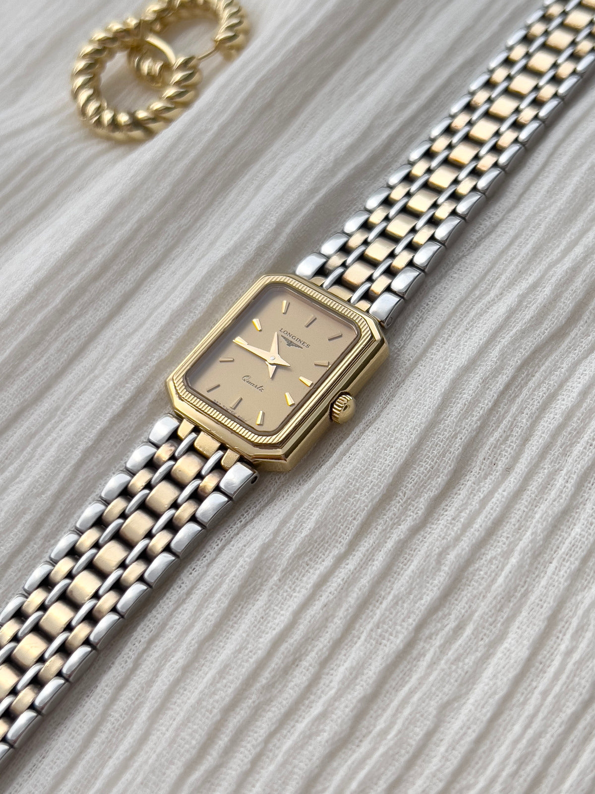 Longines Champagne Tank Two Tone Bracelet Women's Watch — product photograph 9, Gilded Hour NZ.