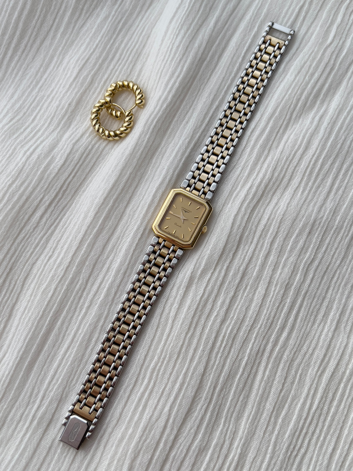 Longines Champagne Tank Two Tone Bracelet Women's Watch — product photograph 10, Gilded Hour NZ.