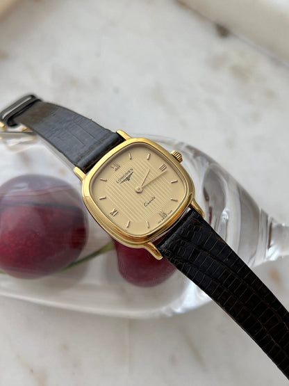Longines Cushion Champagne Stripe Women’s Watch — Close view of the dial and applied baton markers
