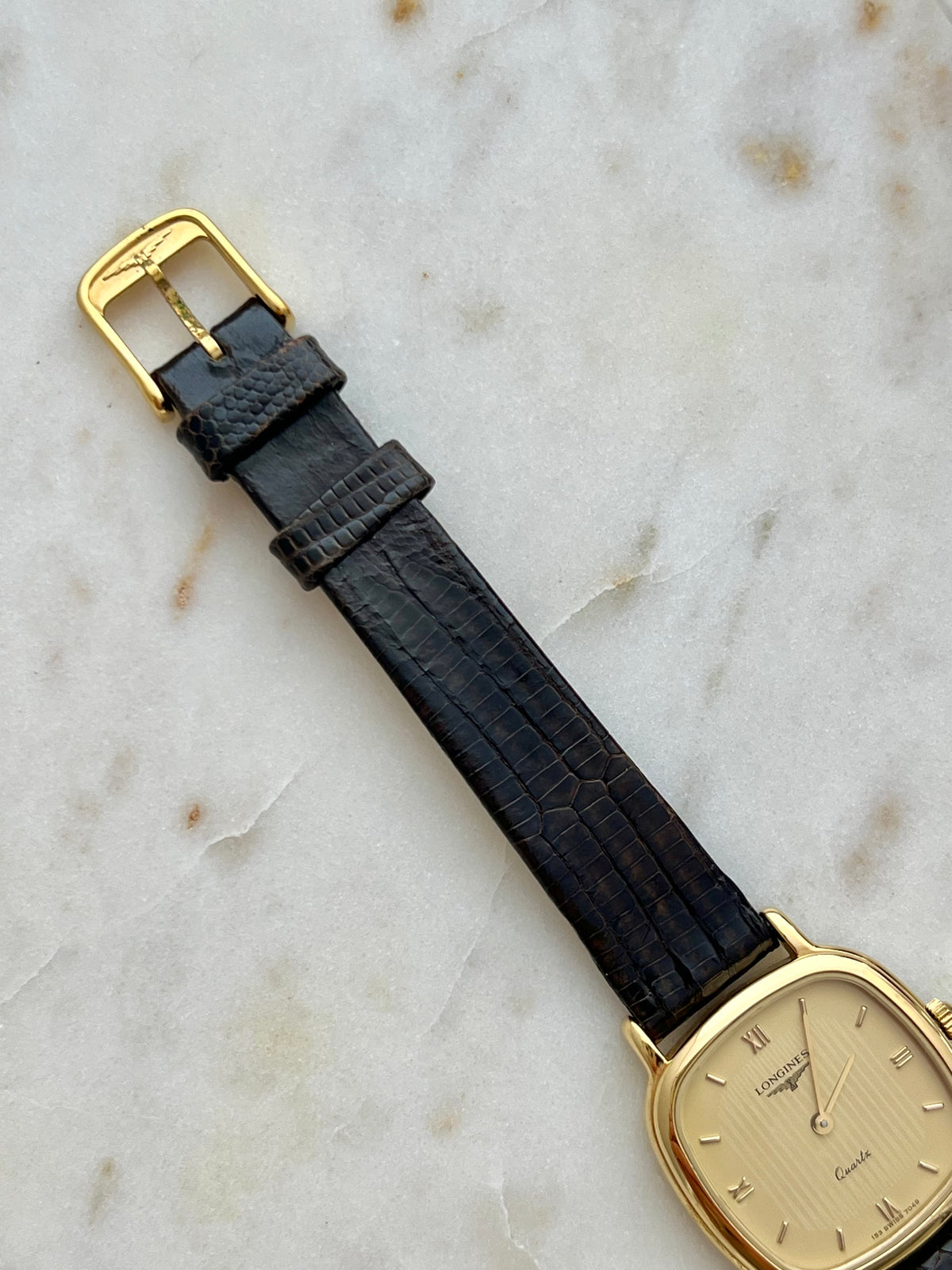 Longines Cushion Champagne Stripe Women’s Watch — Close view of the Longines buckle and strap