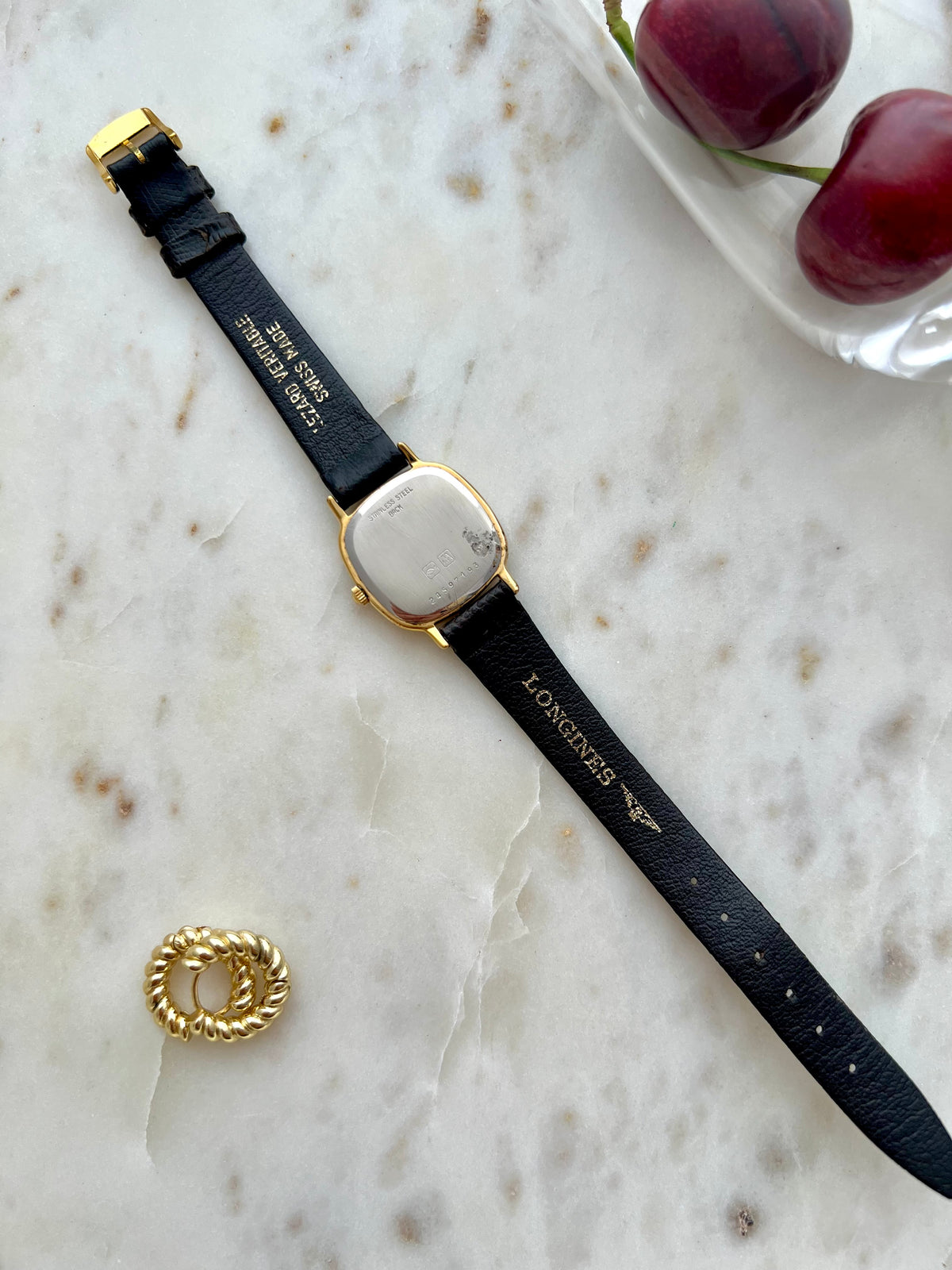 Longines Cushion Champagne Stripe Women’s Watch — Full rear view of the watch and strap
