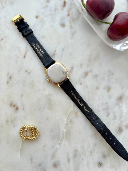 Longines Cushion Champagne Stripe Women’s Watch — Full rear view of the watch and strap