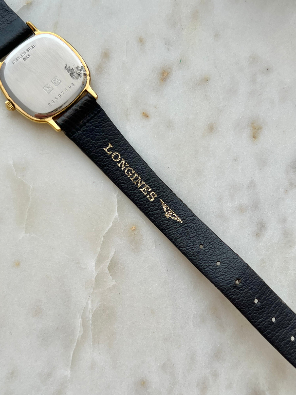 Longines Cushion Champagne Stripe Women’s Watch — Close view of the Longines signed strap lining