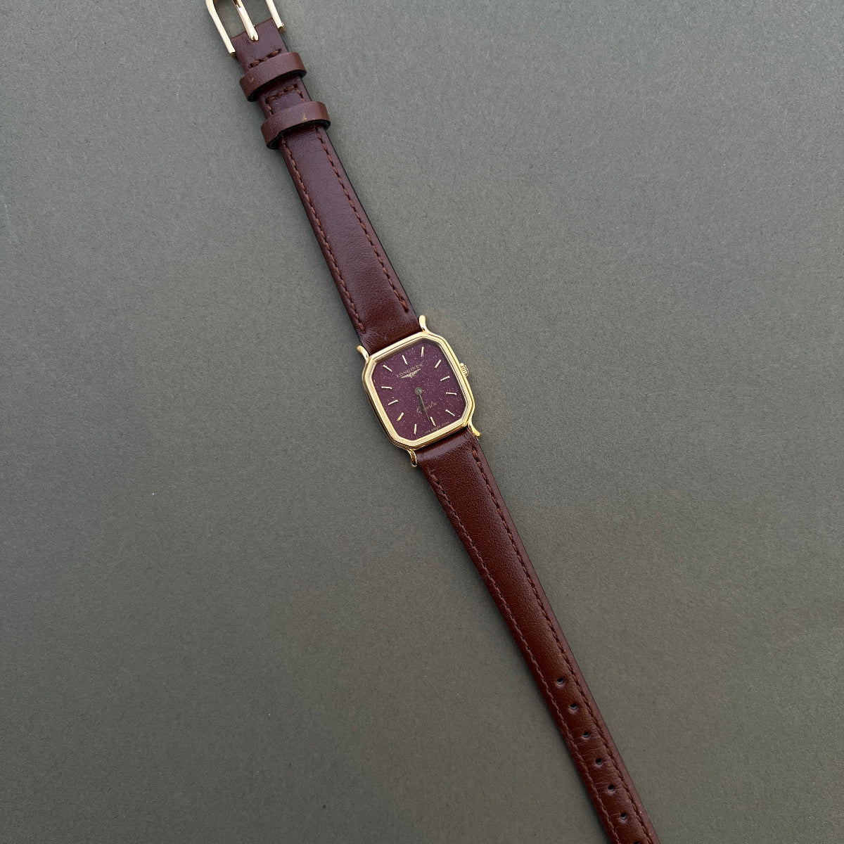 Longines Gold Wine Dial watch — watch and burgundy leather strap