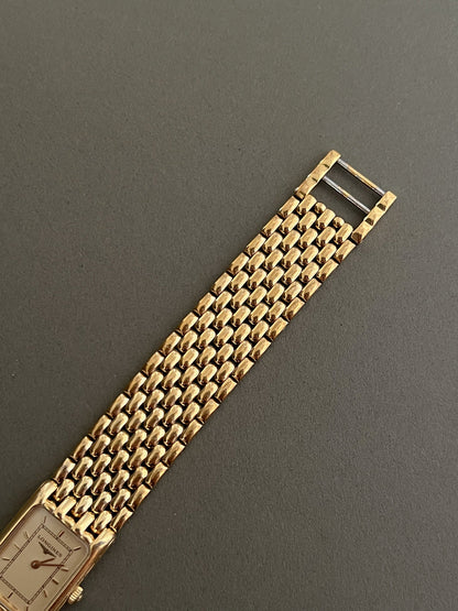 Longines Flagship Gold Tank Bracelet watch — rice link bracelet detail
