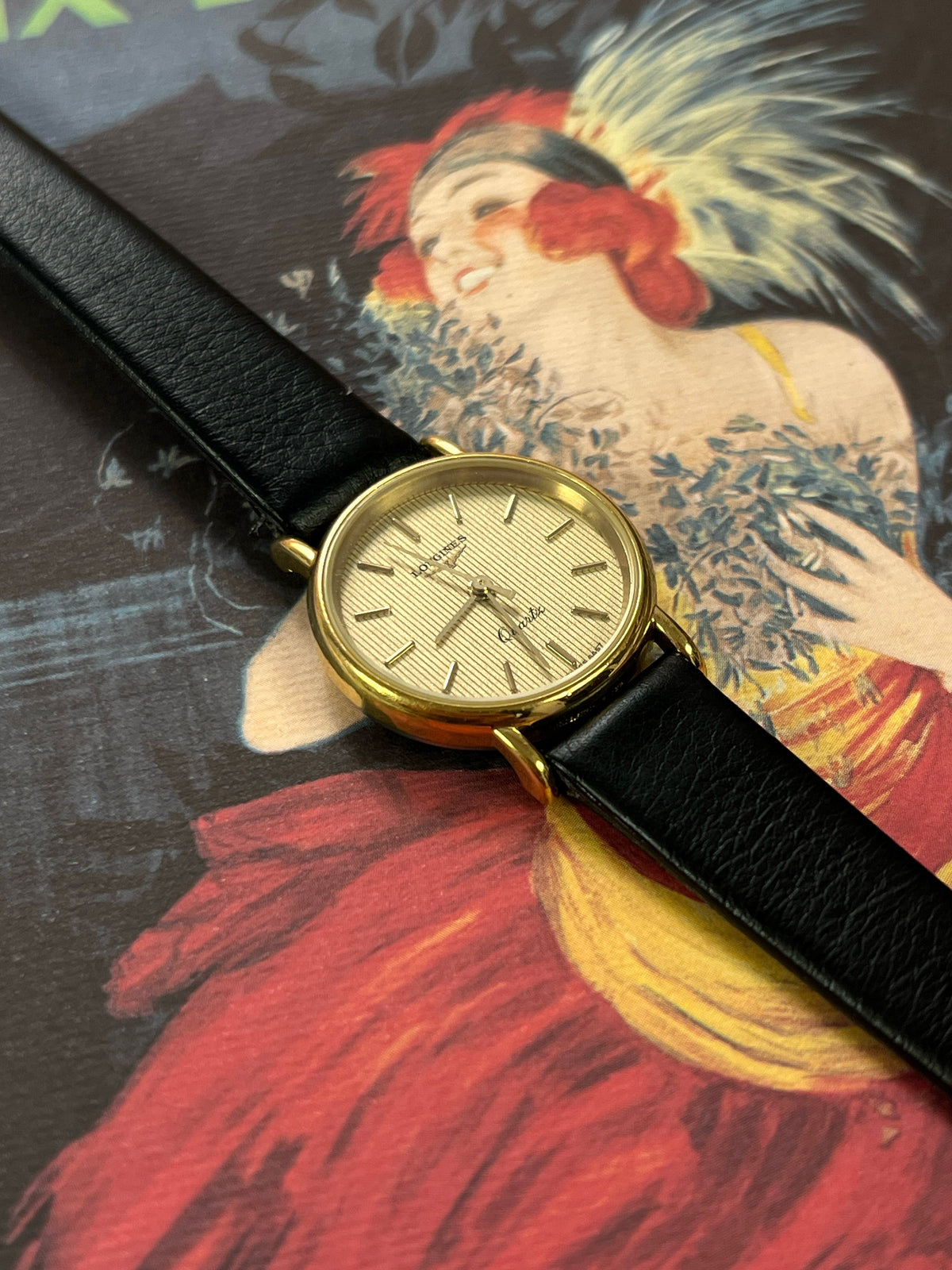 Longines Striped Gold Dial Leather Strap Women’s Watch, product view.