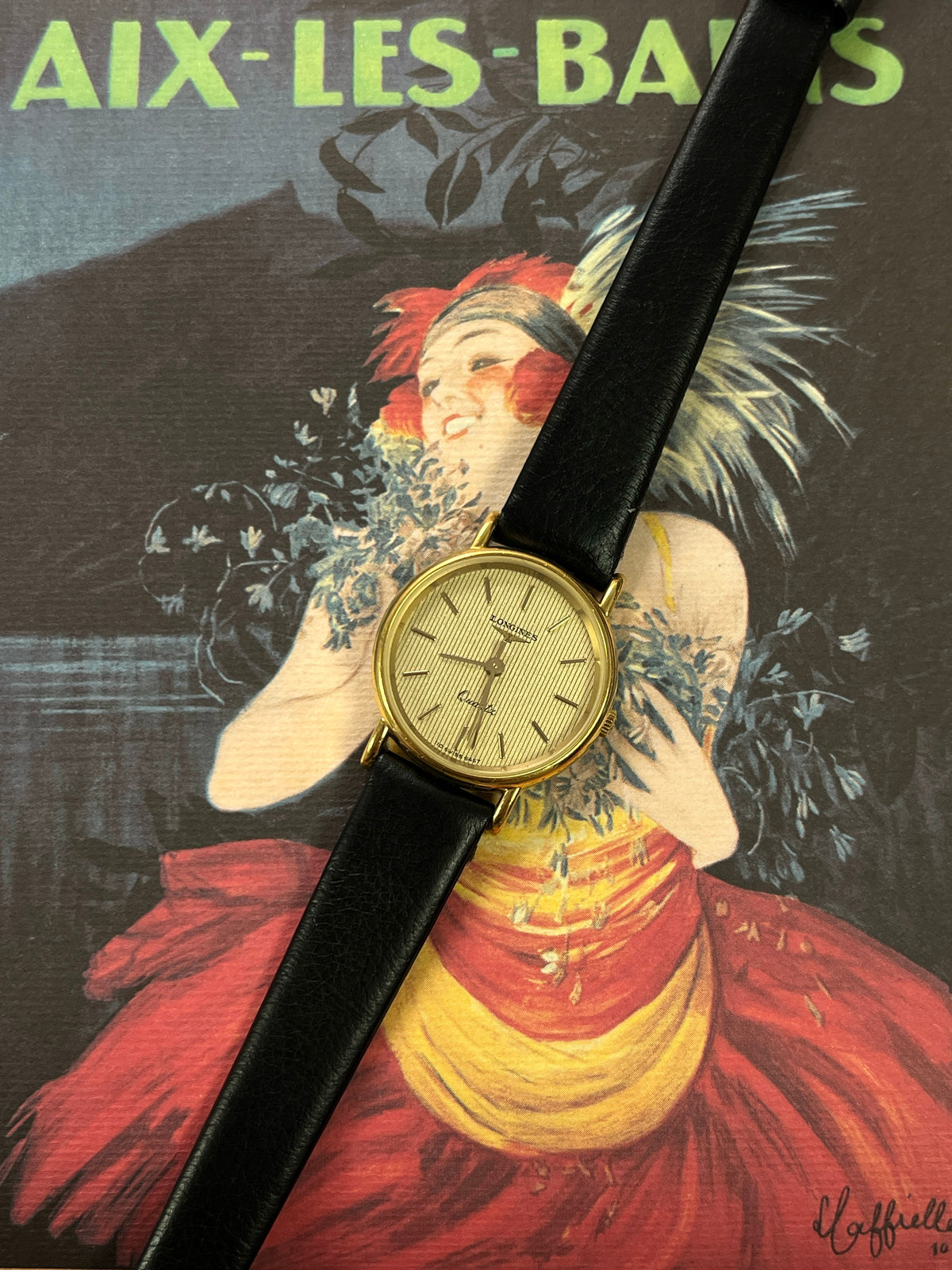 Longines Striped Gold Dial Leather Strap Women’s Watch, product view.