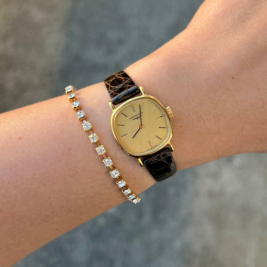 Longines gold-tone cushion ladies watch, front.