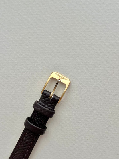 Longines Champagne Dial Gold Cushion Leather watch: strap and buckle detail.