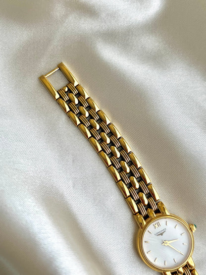 Longines Green Stone Crown Gold Bracelet watch L6.205.2: full front view of the watch.