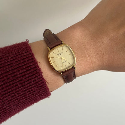 Longines Gold Toned Cushion Case Stripe Dial Woman's Watch, product view 1.