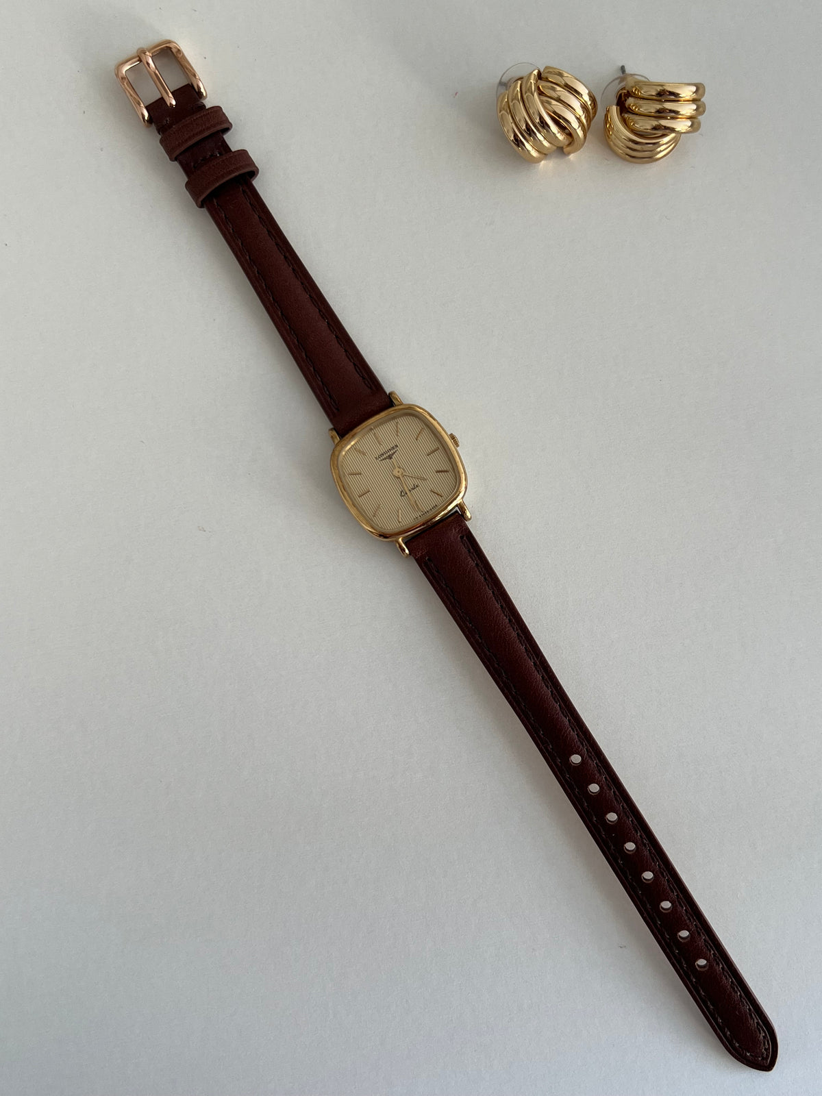 Longines Gold Toned Cushion Case Stripe Dial Woman's Watch, product view 4.