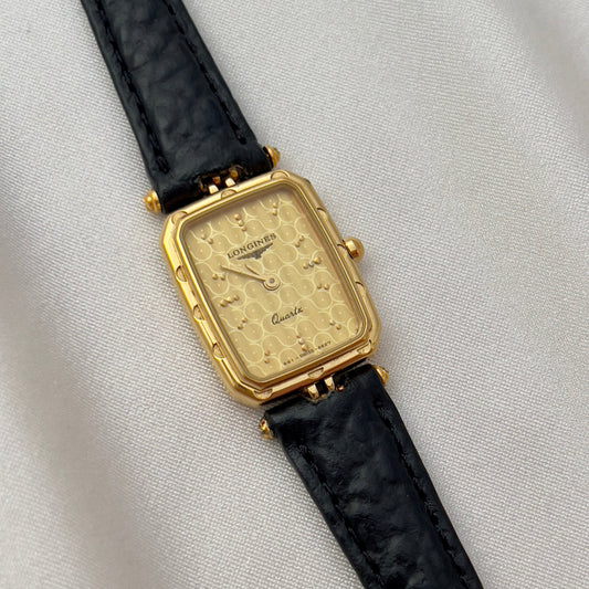 Longines Gold Toned Rectangular Womans Watch with Intricate Details, box set of a vintage women's watch at Gilded Hour.