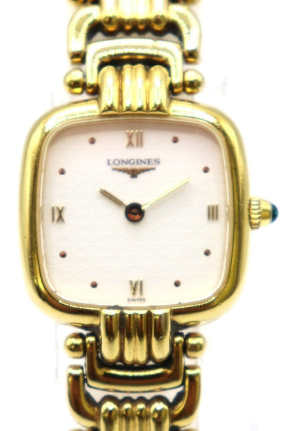 Front view of the Longines L6.201.2 gold-plated square watch with green cabochon crown and cream dial