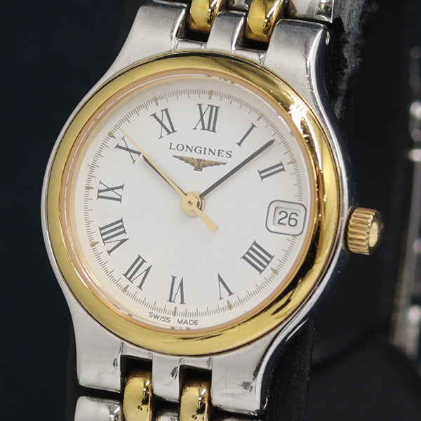Front view of the Longines La Grande Classique L5.131.3 with white Roman numeral dial, date window and gold-tone bezel