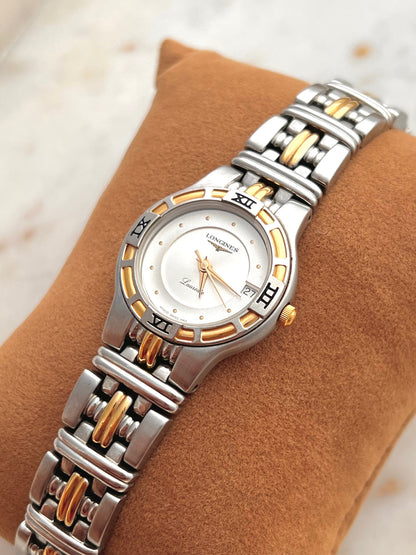 Longines Laureate Roman Bezel Two Tone watch: angled view of the dial and case.