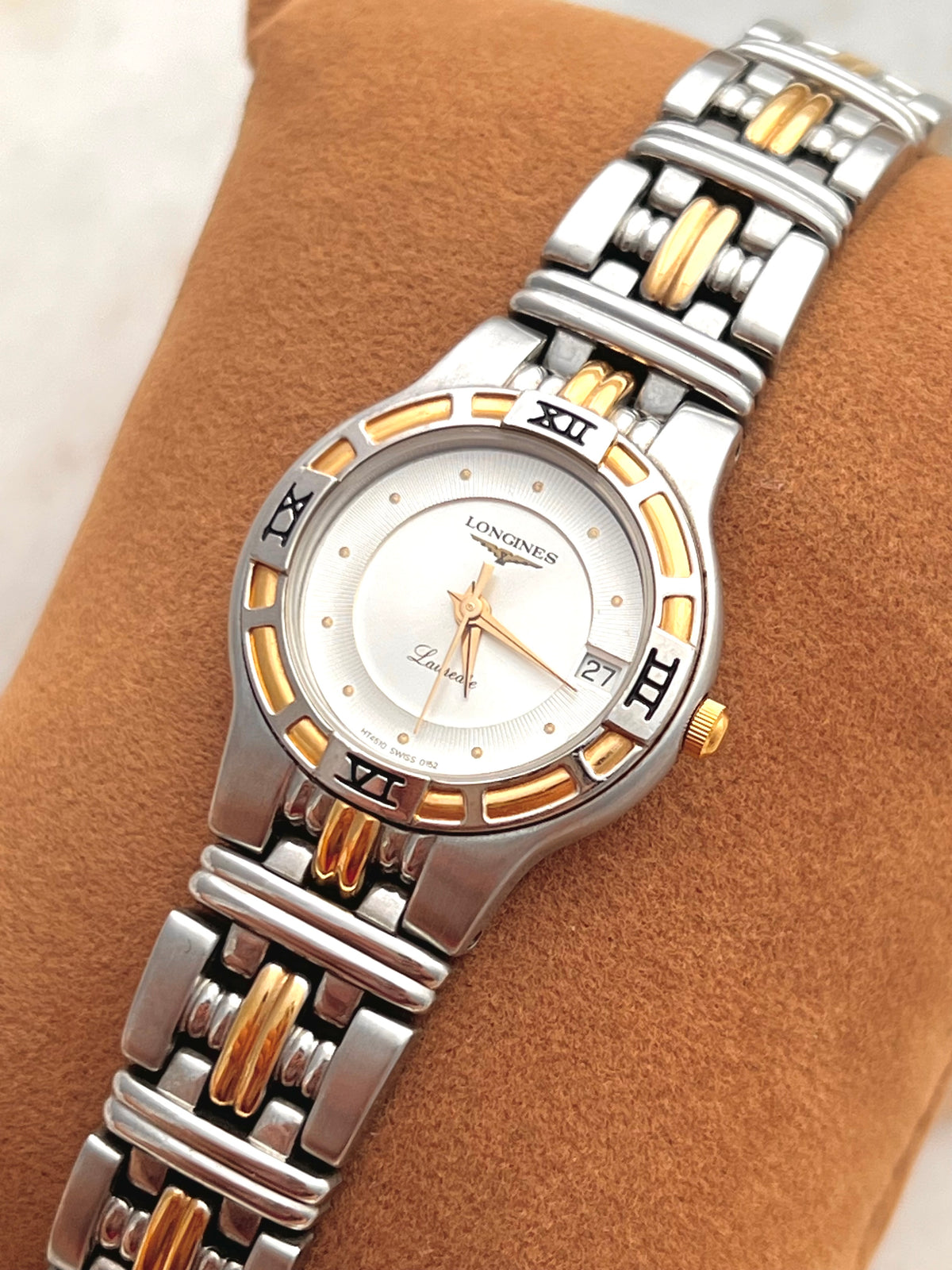 Longines Laureate Roman Bezel Two Tone watch: close view of the dial and case.