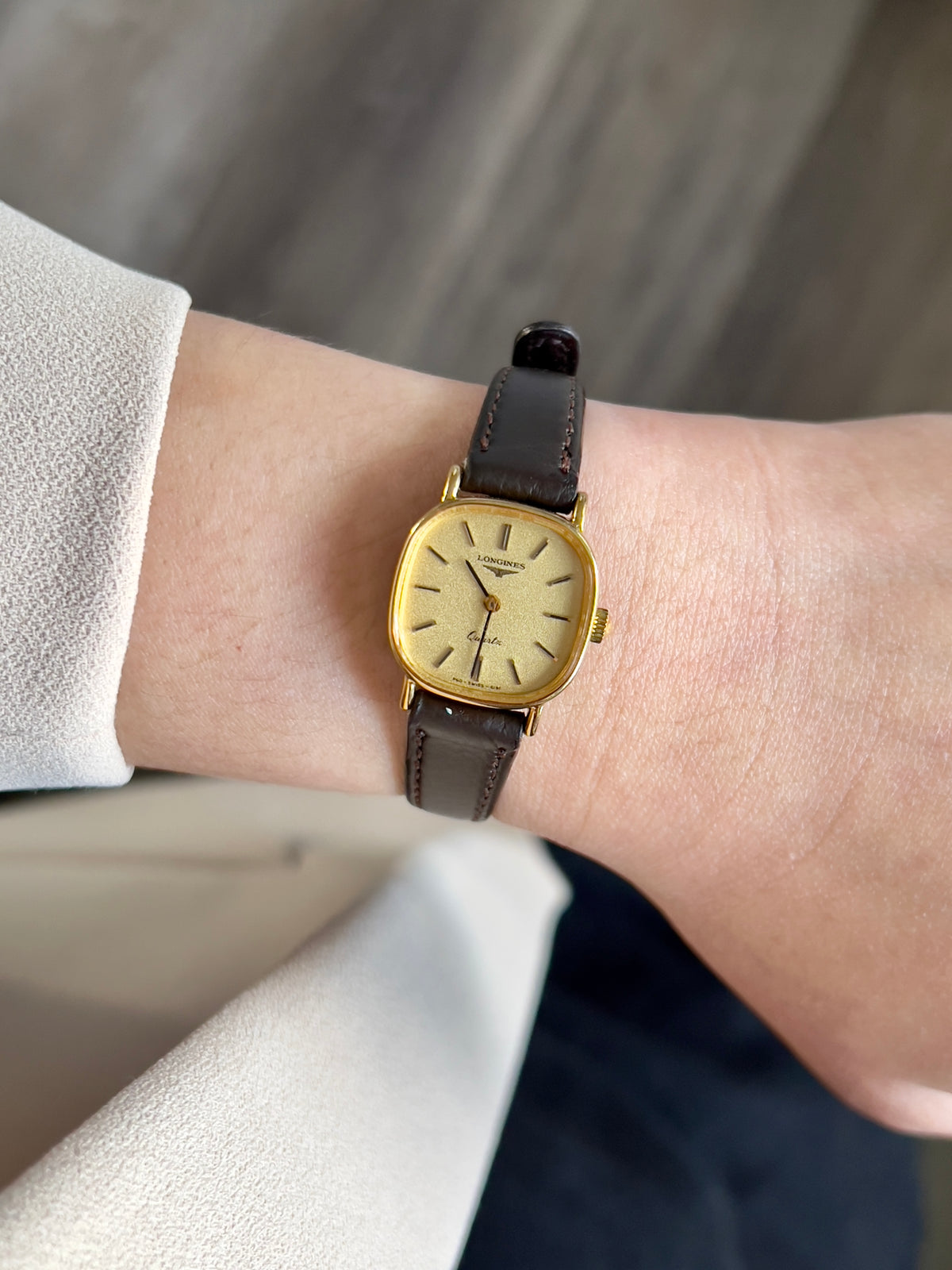 Longines Champagne Cushion Gold Tone Women's Watch — product photograph 2, Gilded Hour NZ.