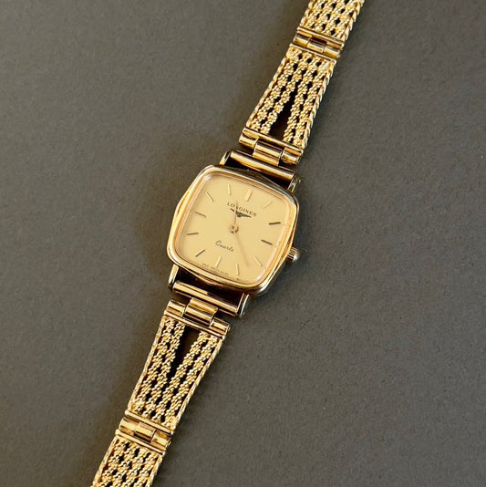 Longines Gold Toned Cushioned Square Woman's Watch, front view of a vintage women's watch at Gilded Hour.