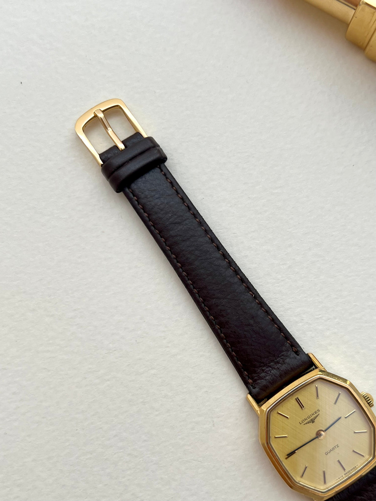 Longines Gold Octagonal Woven Dial watch — buckle