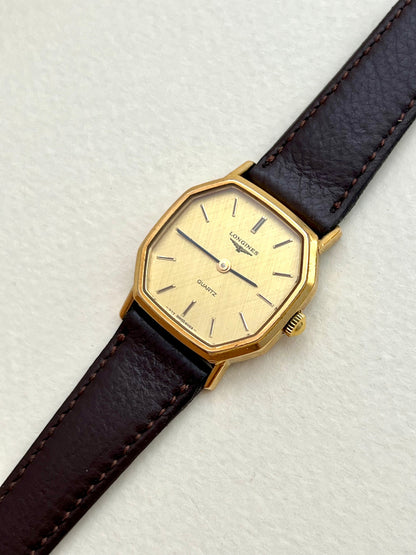 Longines Gold Octagonal Woven Dial watch — angled front