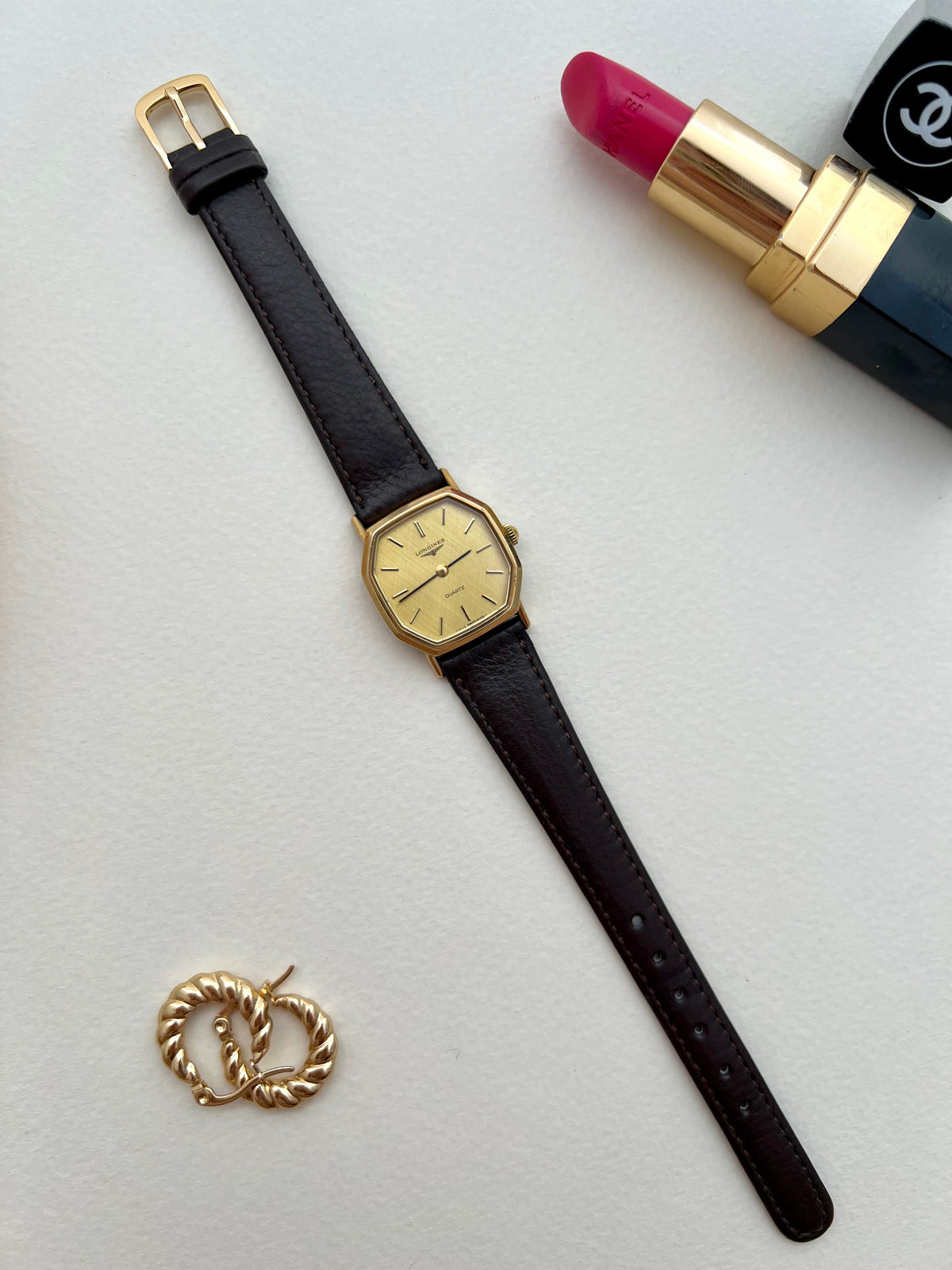 Longines Gold Octagonal Woven Dial watch — full watch